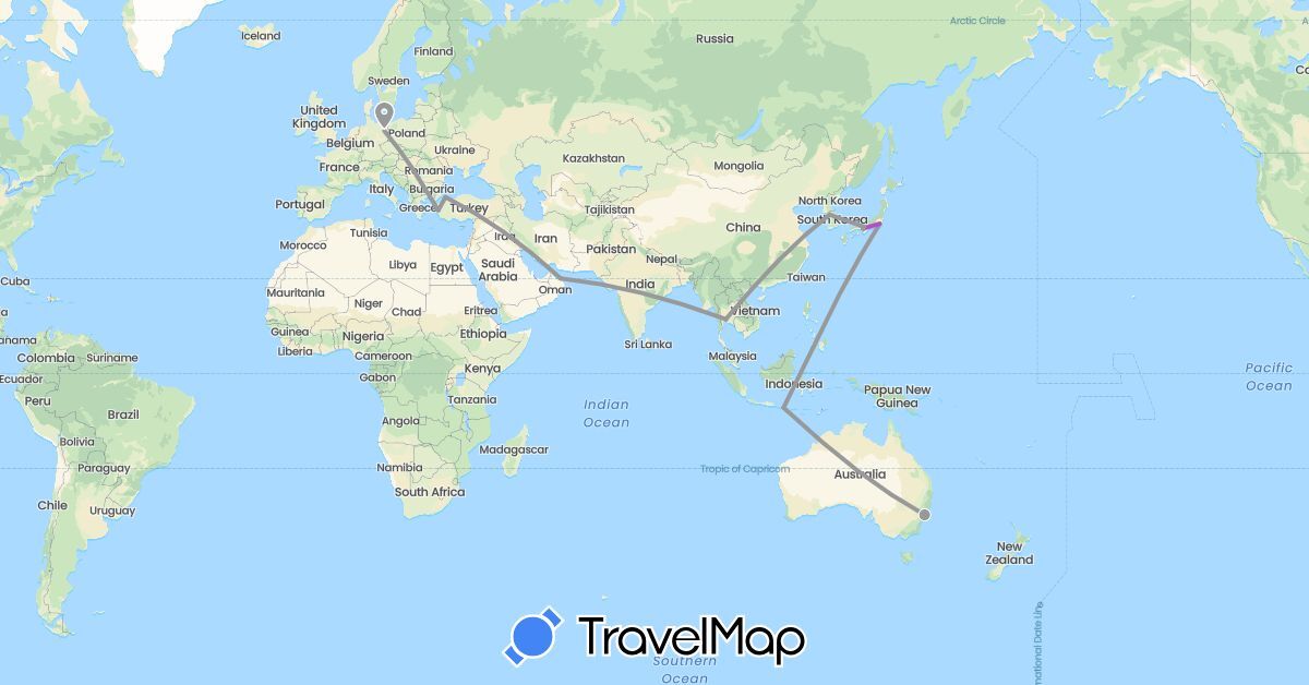 TravelMap itinerary: driving, plane, train in Australia, Germany, Indonesia, Japan, South Korea, Oman, Thailand, Turkey (Asia, Europe, Oceania)